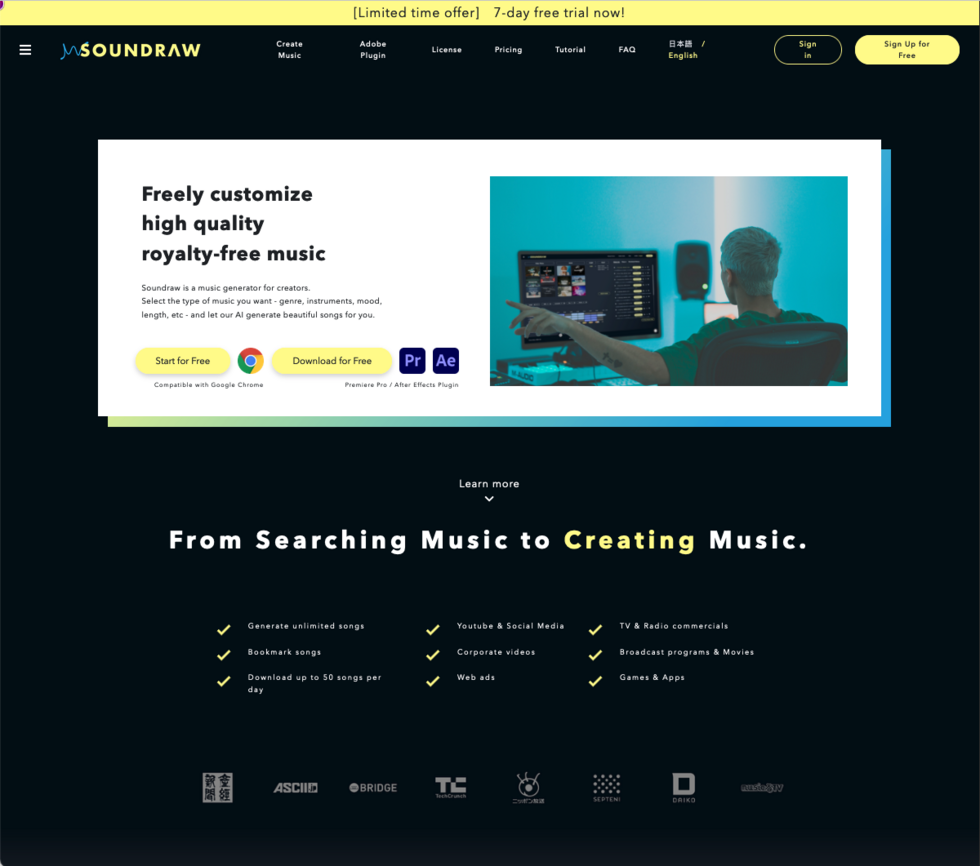 Homepage of Soundraw.io